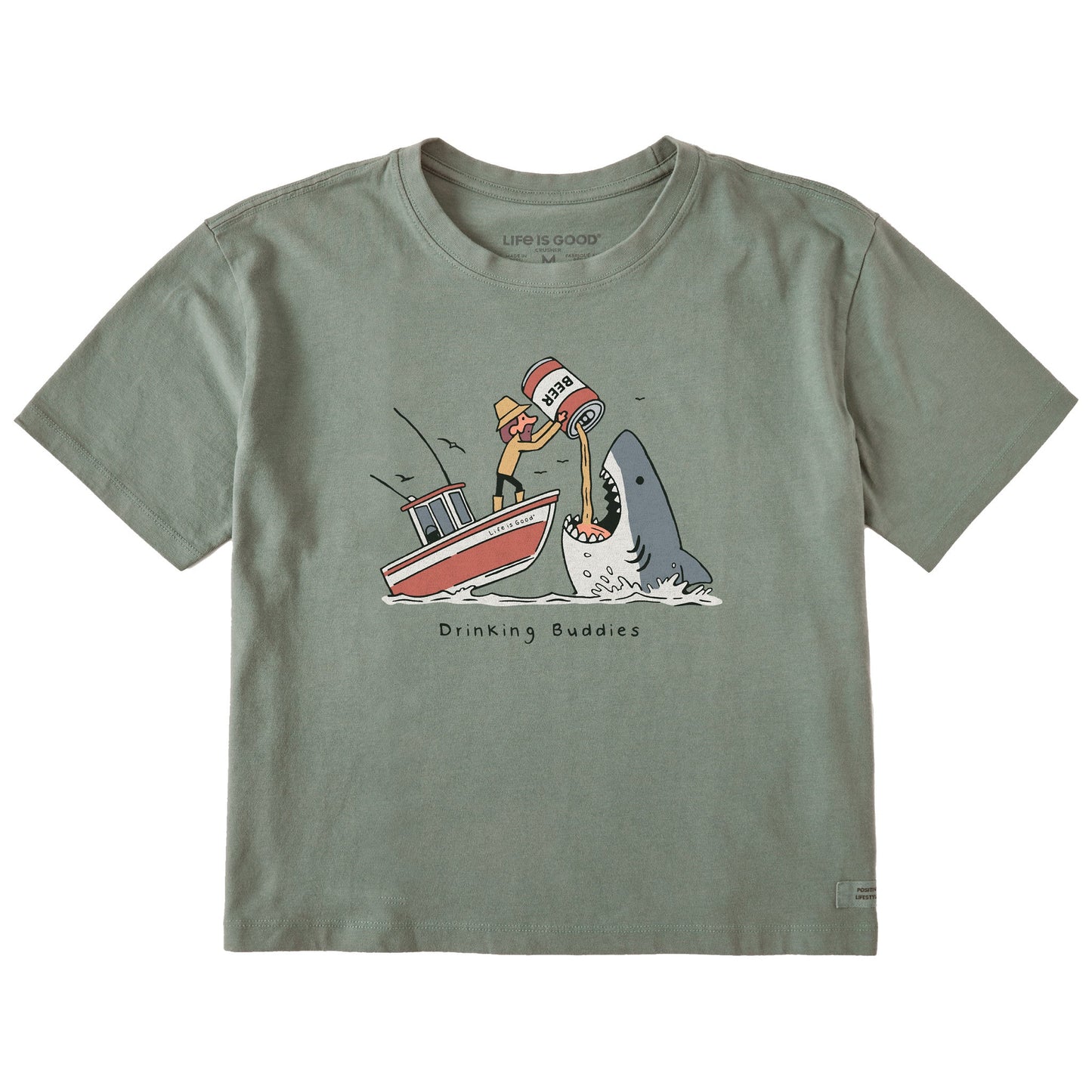 Women's Drinking Buddies Shark Short Sleeve Crusher Boxy Tee