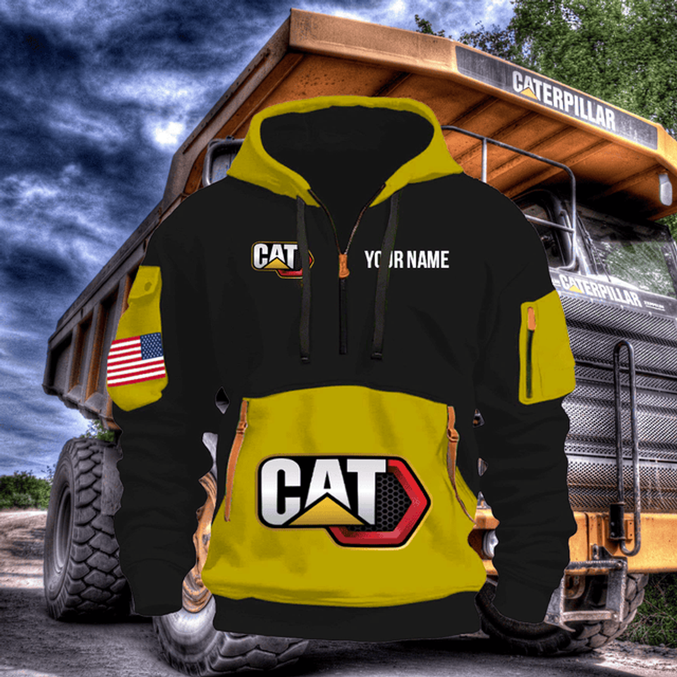 Caterpillar Personalized Name Yellow & Black Quarter Zipper Hoodie