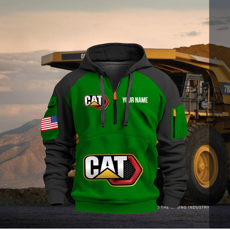 Caterpillar Personalized Name Green Quarter Zipper Hoodie - Black Sleeve