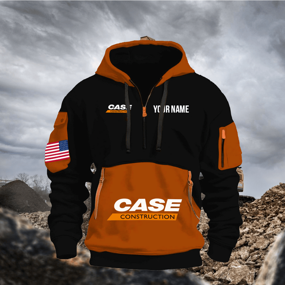 Case Construction Equipment Personalized Name Burnt Orange & Black Quarter Zipper Hoodie