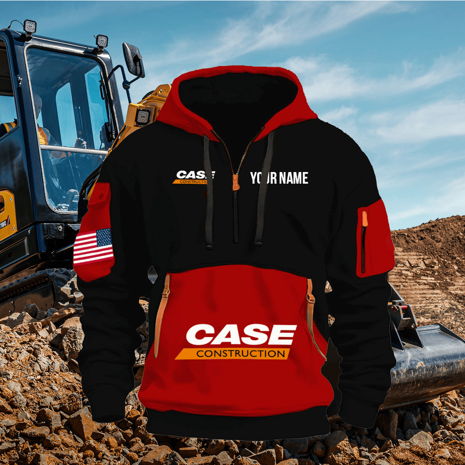 Case Construction Equipment Personalized Name Red & Black Quarter Zipper Hoodie