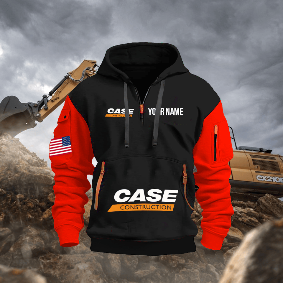 Case Construction Equipment Personalized Name Black Quarter Zipper Hoodie - Red Sleeve