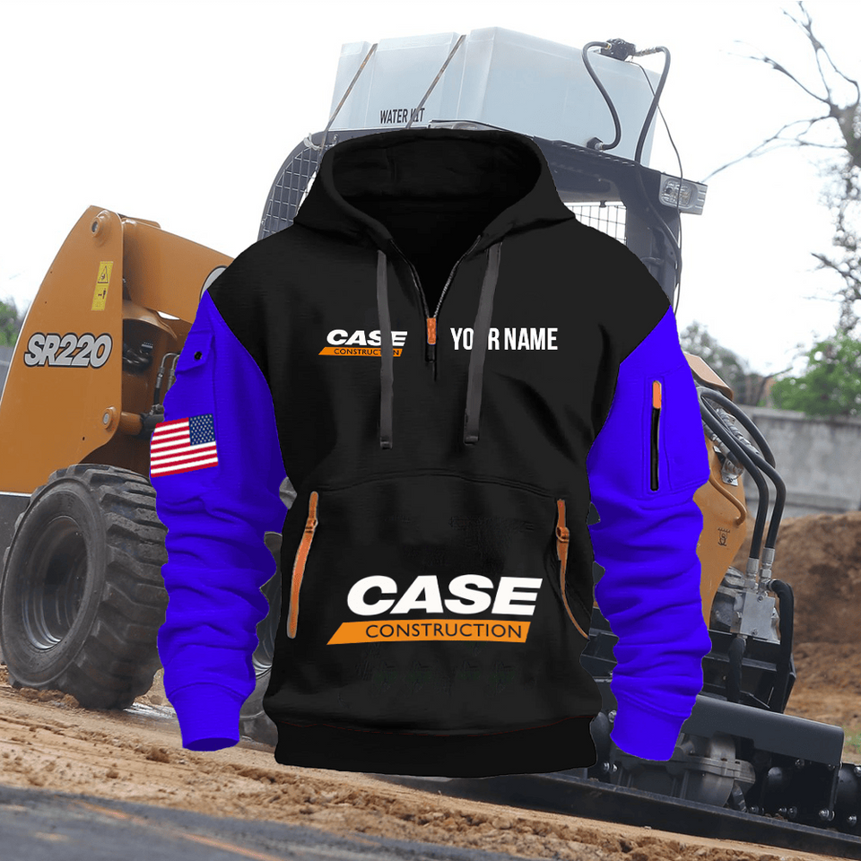 Case Construction Equipment Personalized Name Black Quarter Zipper Hoodie - Blue Sleeve