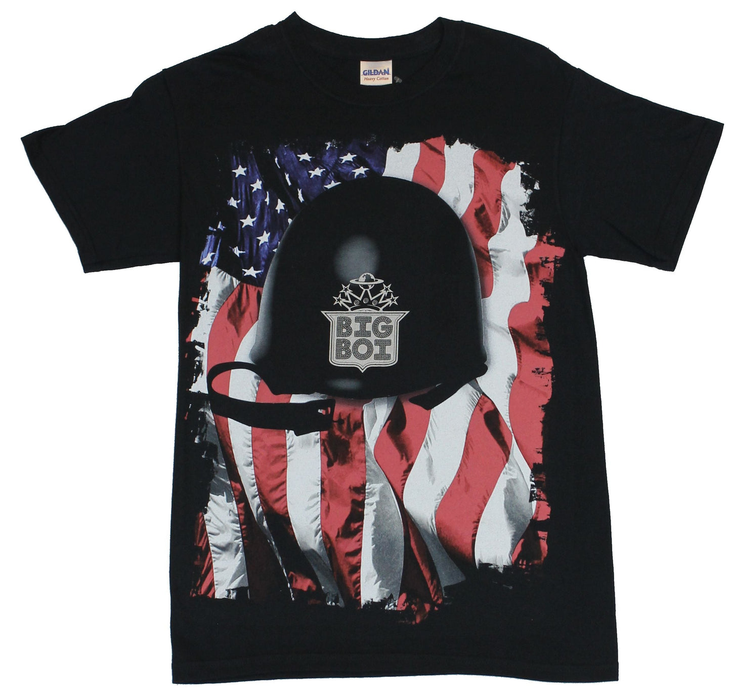 Big Boi (of Outkast) Mens T-Shirt - Helmet Image Set Against the American Fla