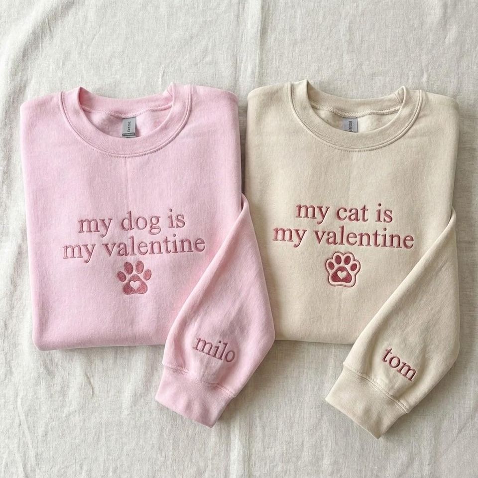 Embroidered Pet Lover Hoodie, My Cat Is My Valentine, Custom Dog Name on Sleeve, Funny Anti Valentine Shirt, Animal Rescue Gift