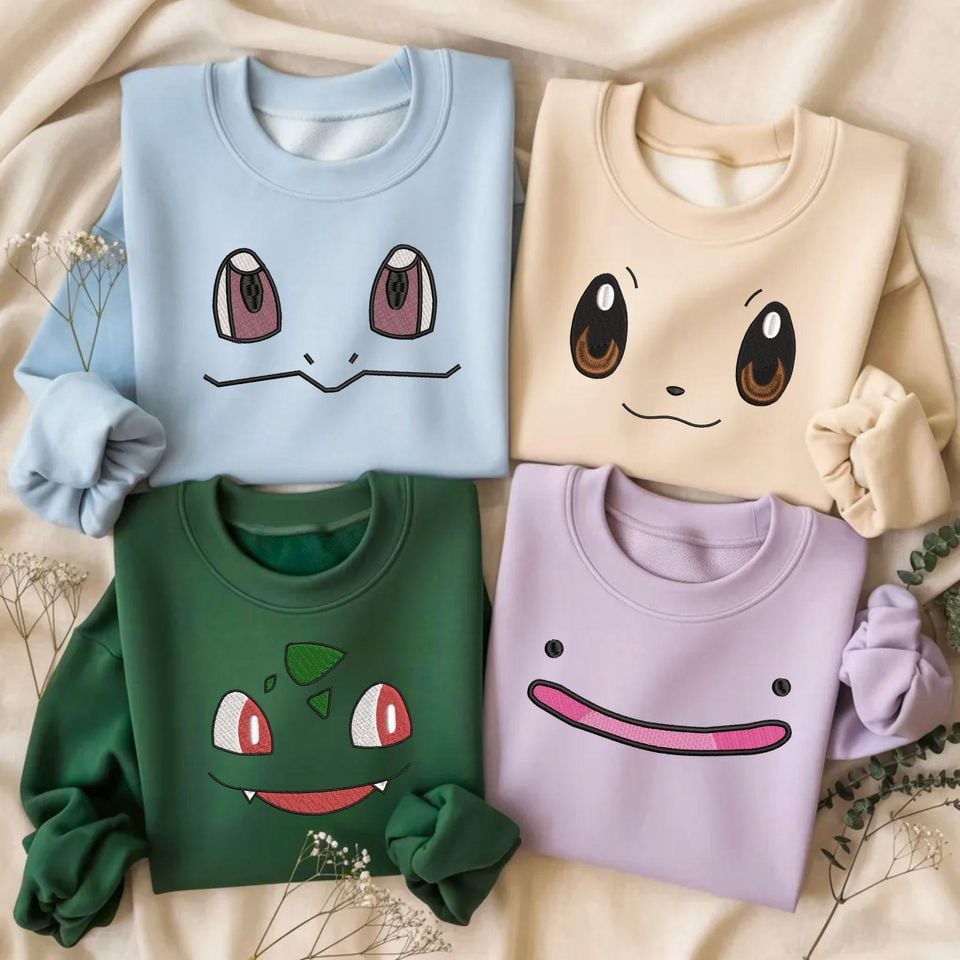 Personalized Poke Face Embroidered Sweatshirt, Cute Face Poke Birthday Shirt, Custom PKM Gift for Fans