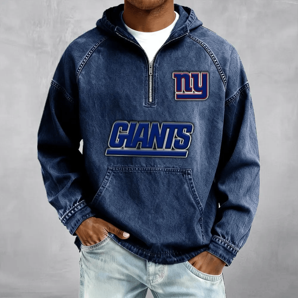 New York Giants Men's Denim Long - Sleeve Half-Zip Denim Hoodies