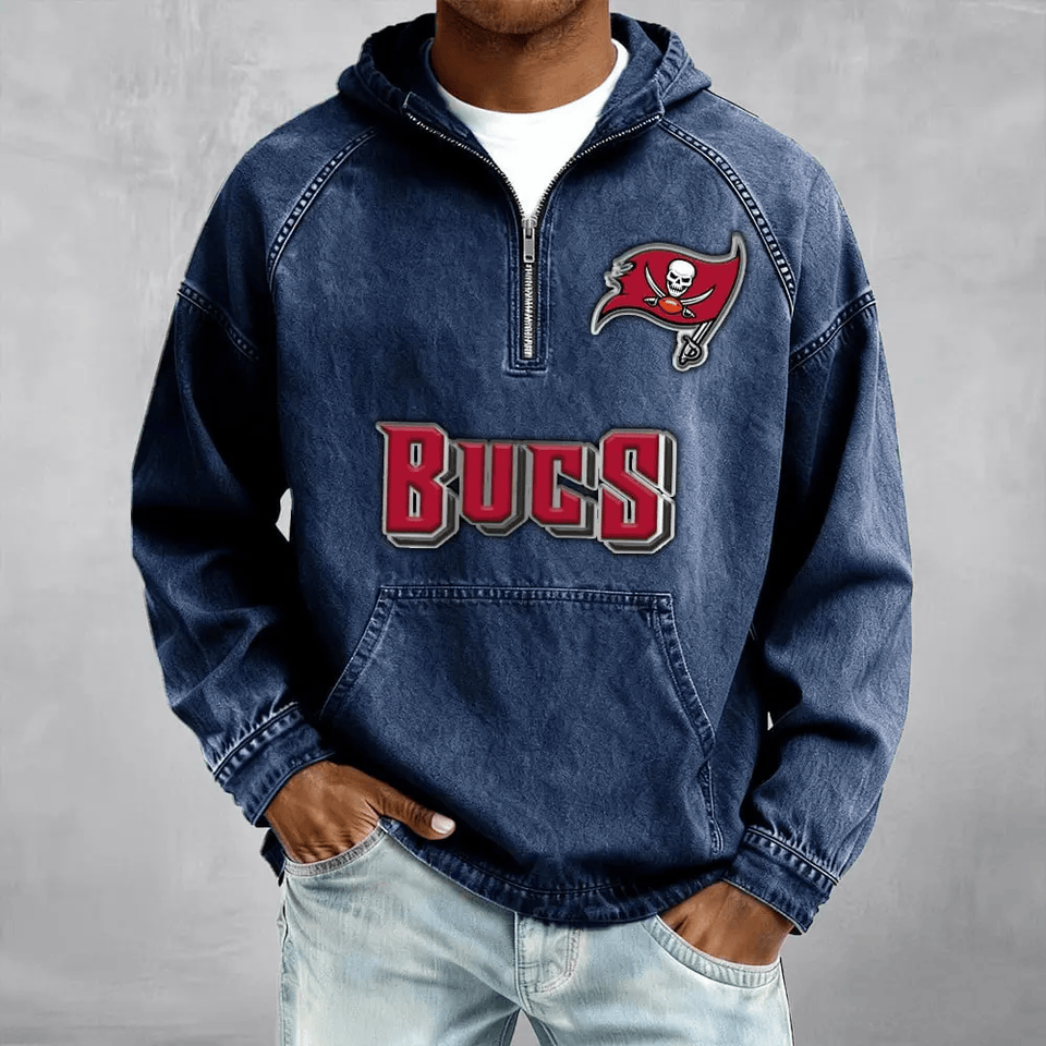 Tampa Bay Buccaneers Men's Denim Long - Sleeve Half-Zip Denim Hoodies