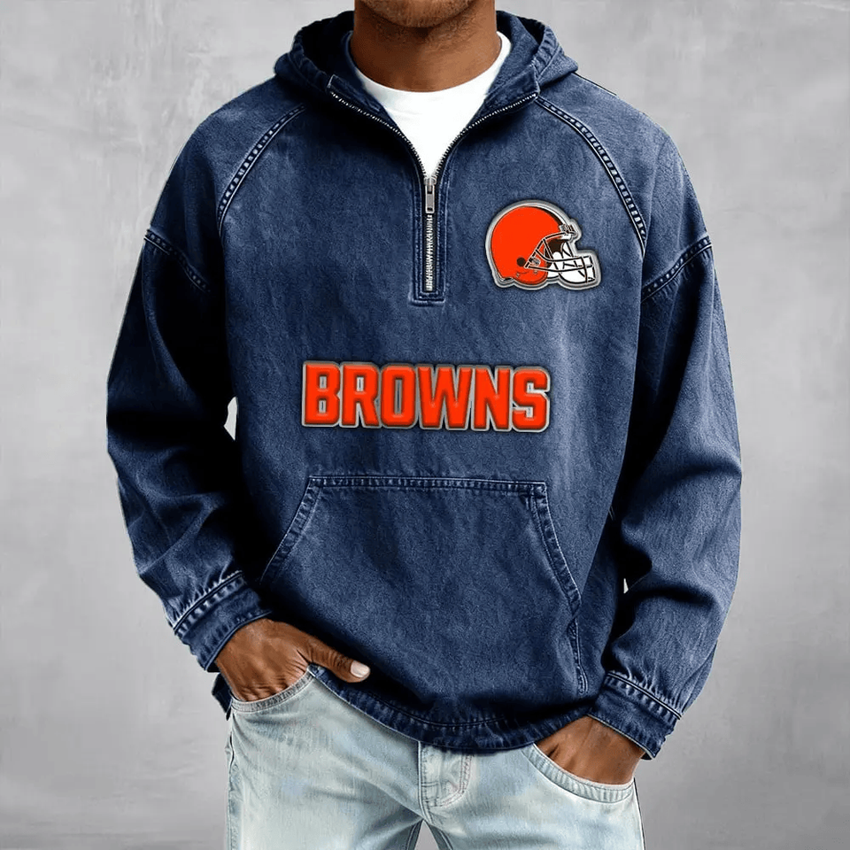 Cleveland Browns Men's Denim Long - Sleeve Half-Zip Denim Hoodies