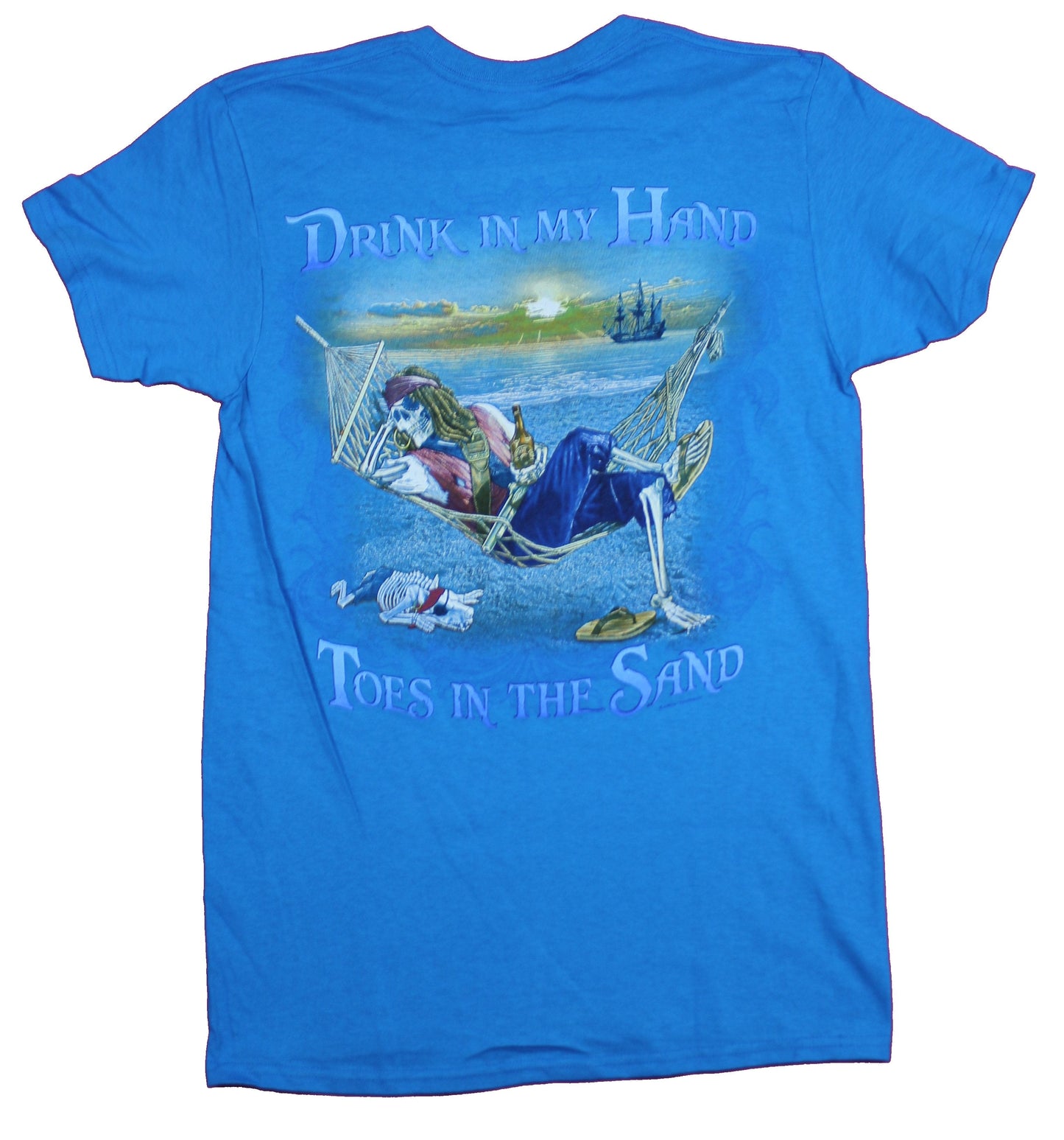 Pirate Skeleton Mens T-Shirt - Drink In My Hand Toes in the Sand
