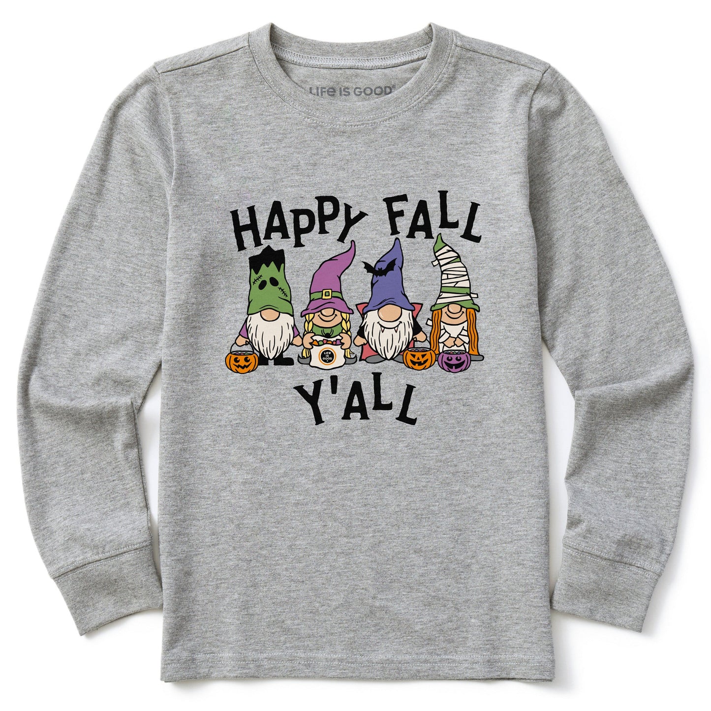 Kids Happy Fall Y'All Halloween Gnomes Long Sleeve Crusher Tee