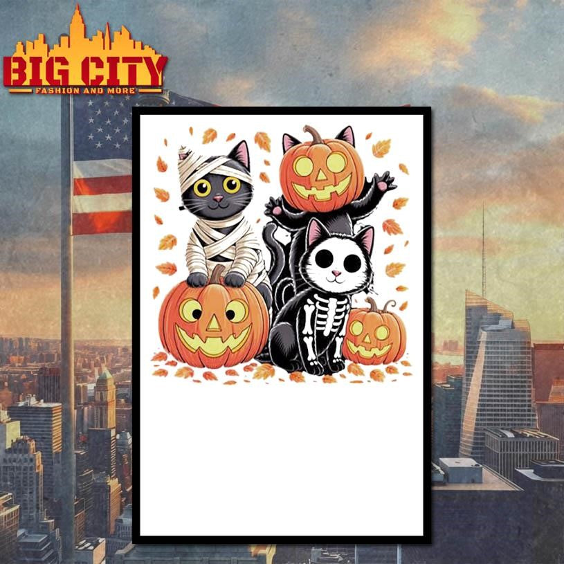Cute Black Cats In Halloween Costumes With Pumpkins Shirt