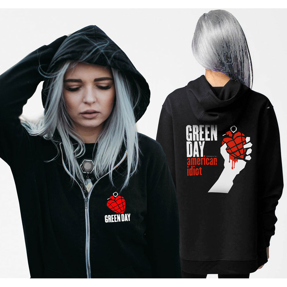 Green Day Ladies Zipped Hoodie: American Idiot (Back Print) Style001