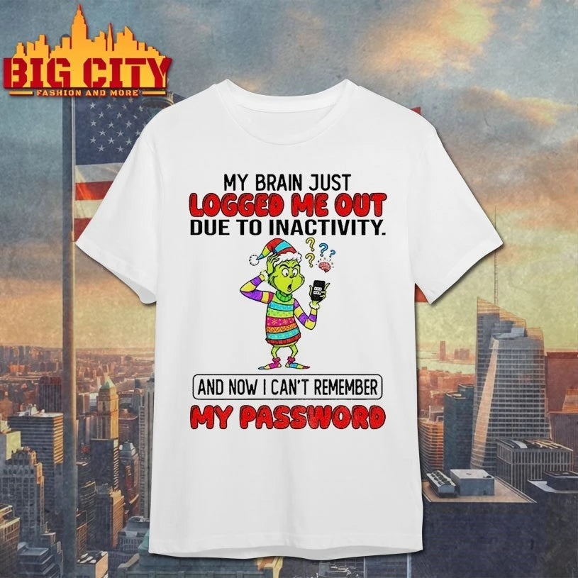 Grinch Christmas My Brain just Logged Me Out Due To Inactivity Now I Can’t Remember My Password shirt