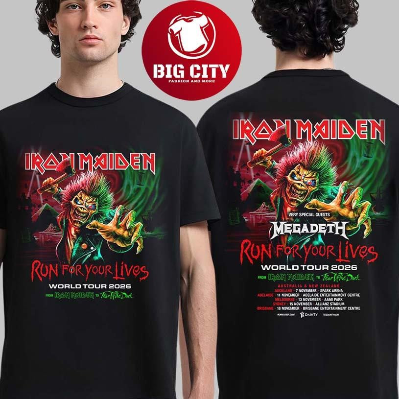 Iron Maiden Run For Your Lives World Tour 2026 Australia And New Zealand With Megadeth Schedule Dates Two Sided Shirt