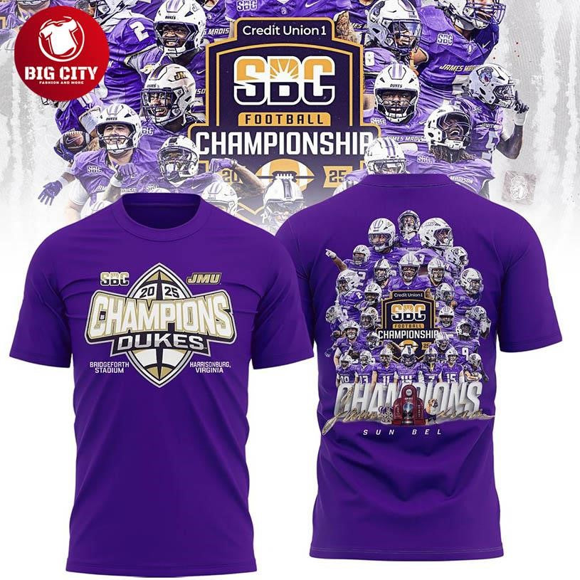 James Madison Dukes 2025 Sun Belt Champions Two Sided Shirt
