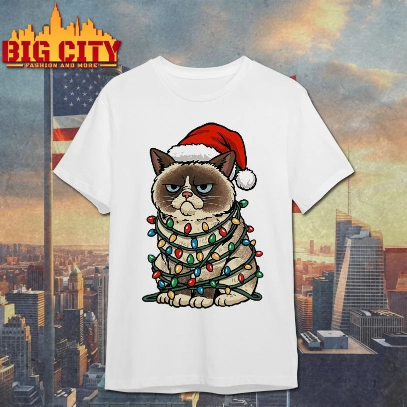 Jolly Christmas Cat Santa Hat and light christmas shirt
