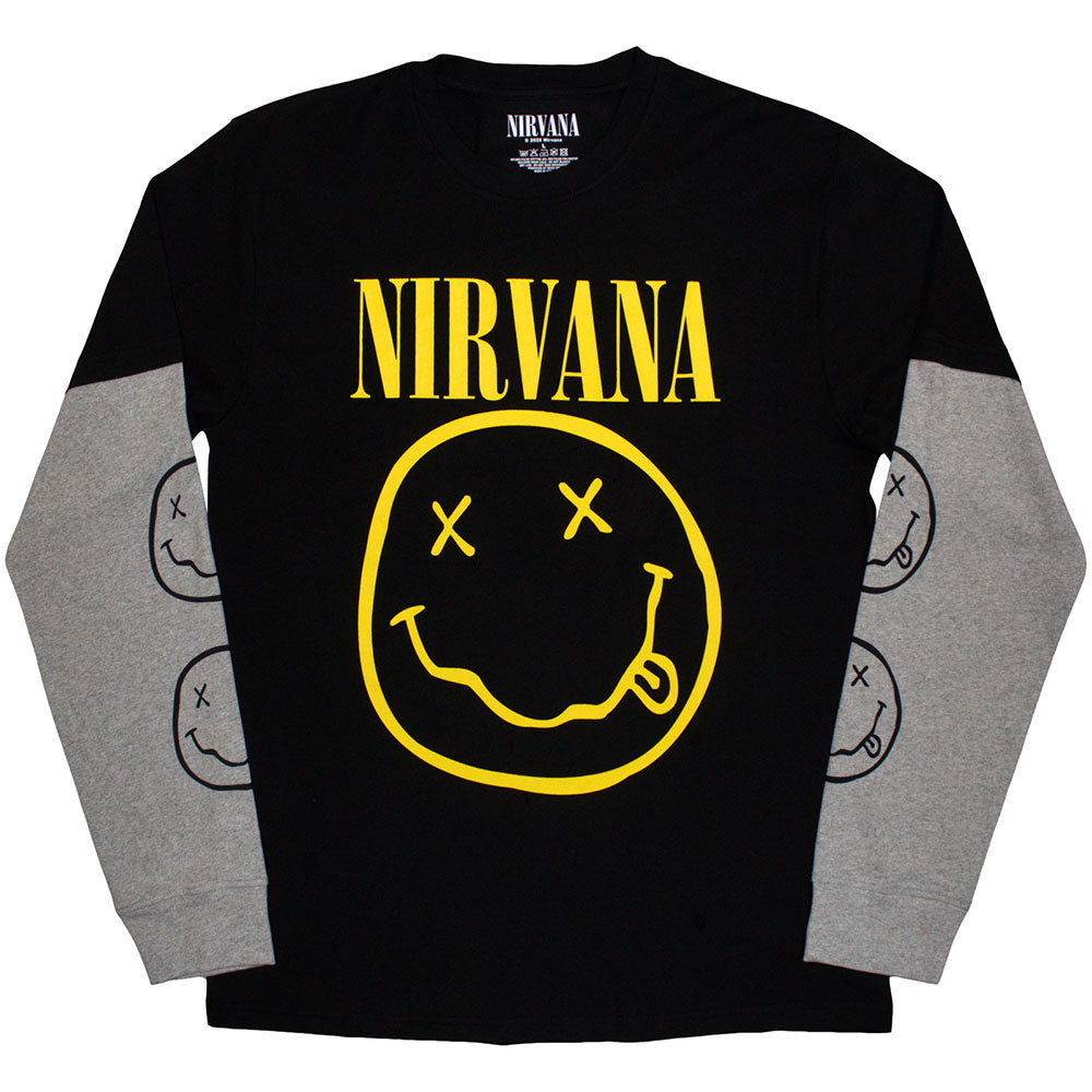 Nirvana | Official Layered Long Sleeve T-Shirt | Yellow Happy Face (Sleeve Print)