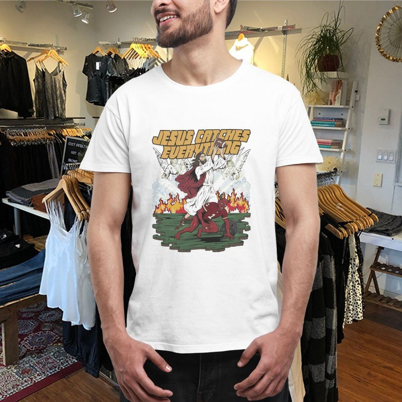Official Jesus Catches Everything Satan Football Shirts