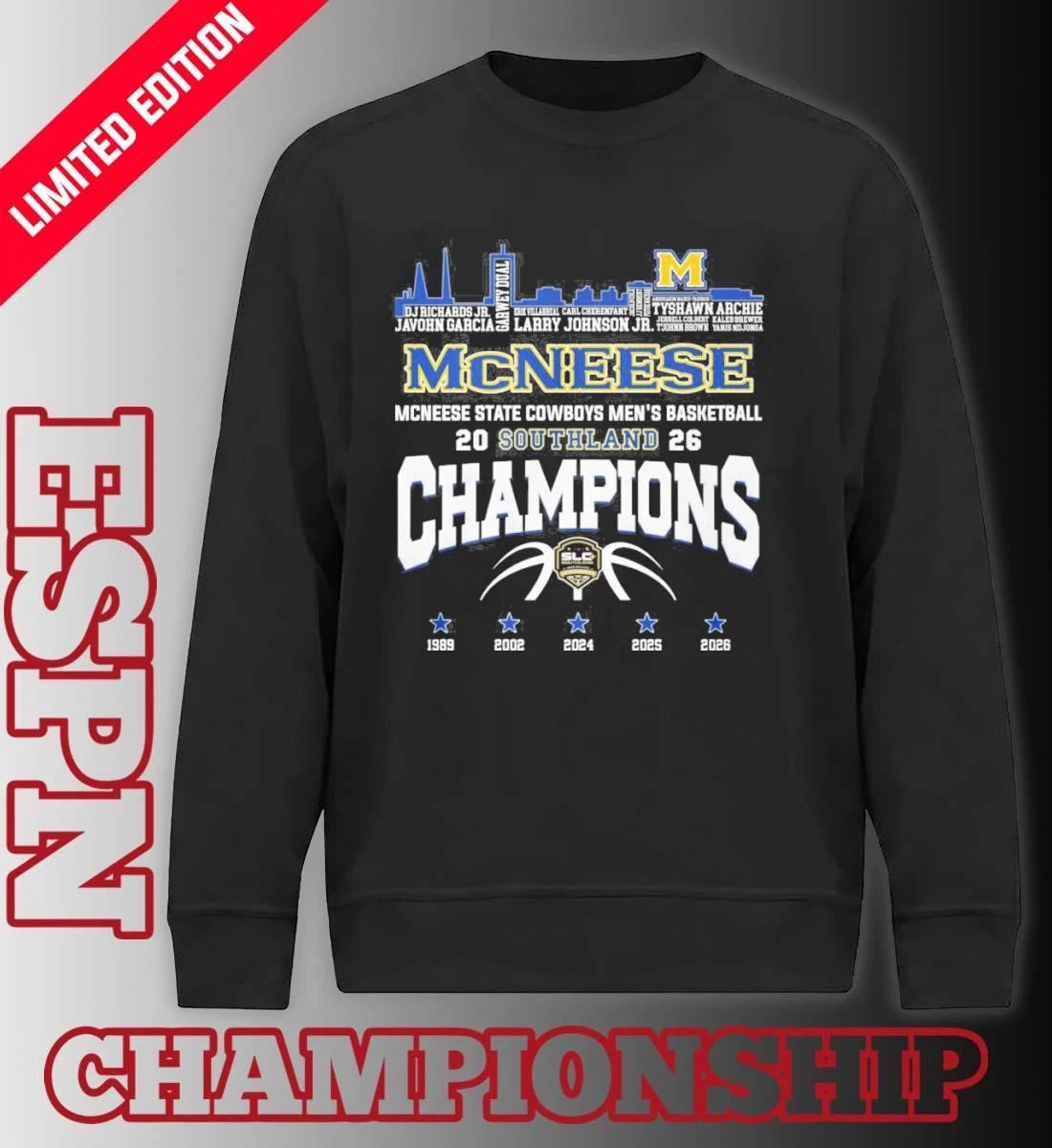 Official Mcneese State Cowboys Skyline Player Name Southland Men’s Basketball Champions Shirt