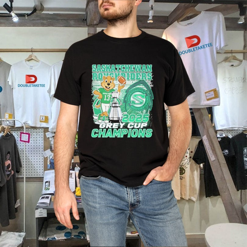 Official Saskatchewan Roughriders 2025 Grey Cup Champions Trophies Mascot Shirts