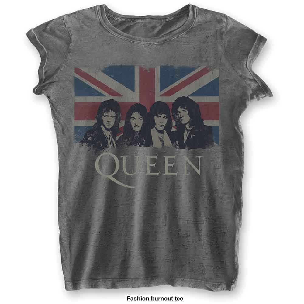 Queen Ladies Slim Fit T-Shirt: Vintage Union Jack (Burnout)