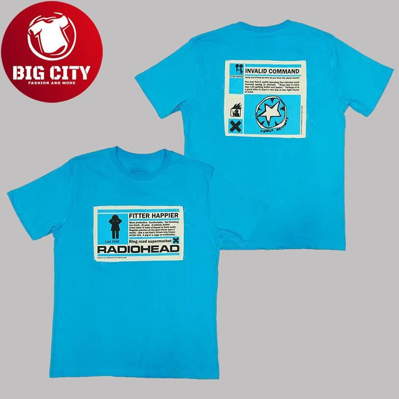 Radiohead Fitter Happier Cyan Blue Patch Europe Tour 2025 Two Sided Shirt