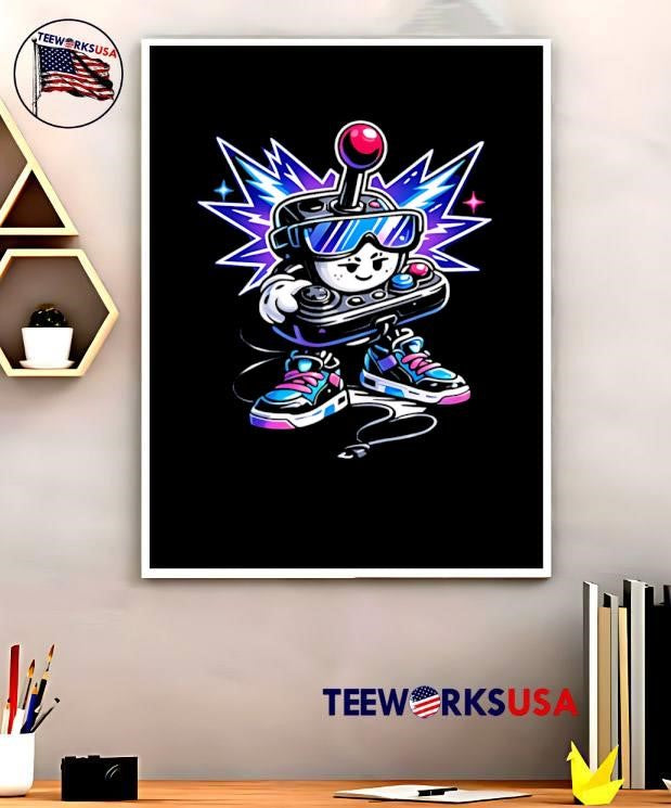 Video game controller character with sunglasses and sneakers shirt