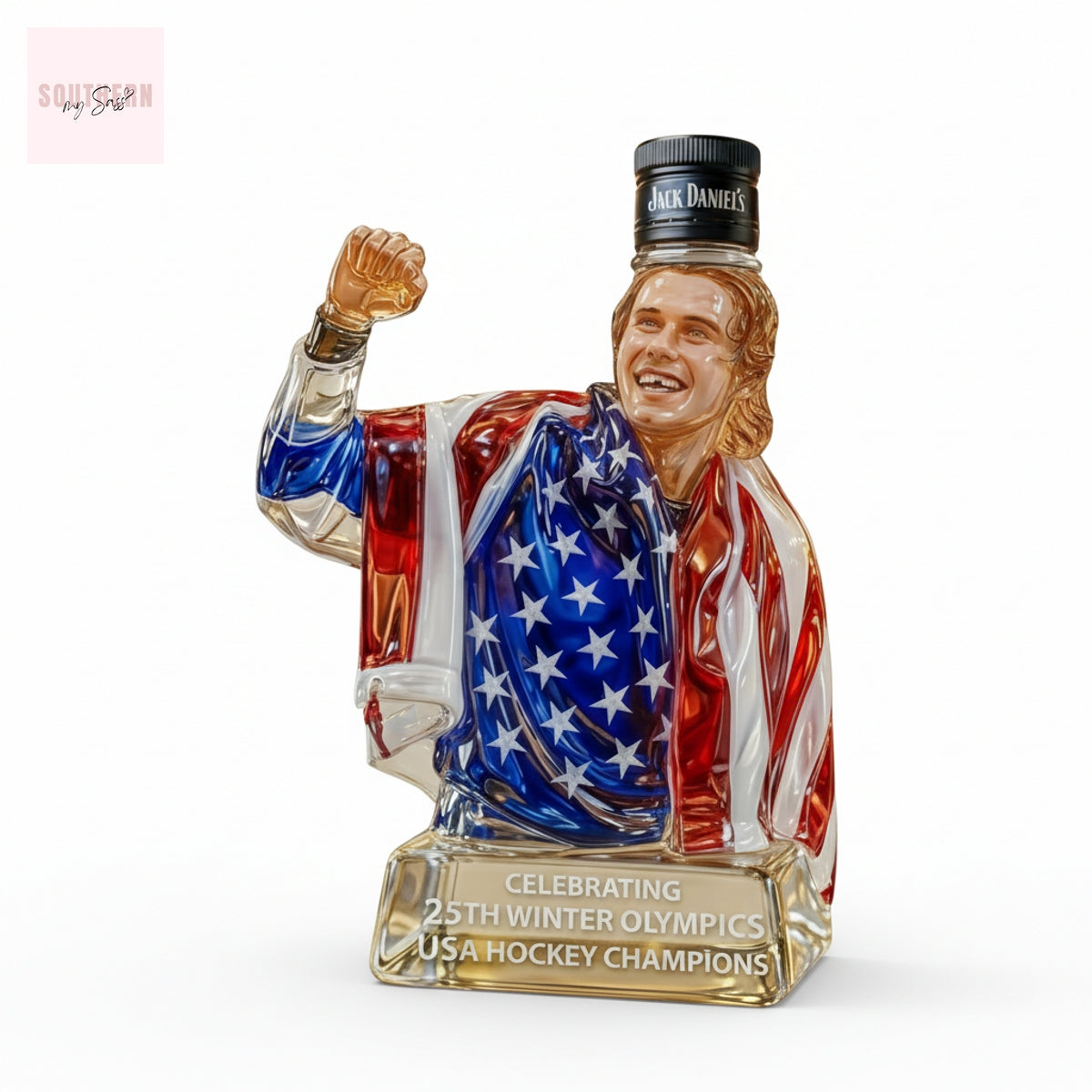 American Flag USA Hockey Commemorative 25th Winter Olympics Trophy Whiskey Bottle