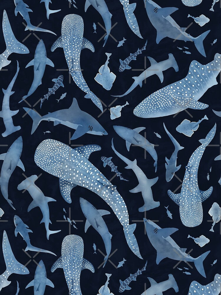 Monochrome blue watercolour shark ocean on black by adenaJ
