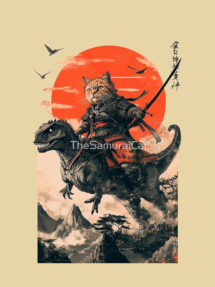 Samurai cat riding a dinosaur by TheSamuraiCat