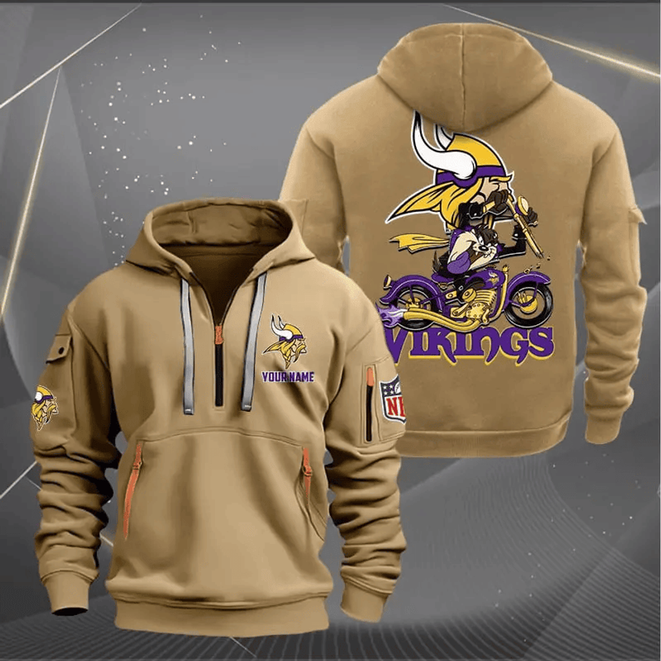 Minnesota Vikings Quarter Zip Hoodie Biker Taz Custom Name Gift For Fan
