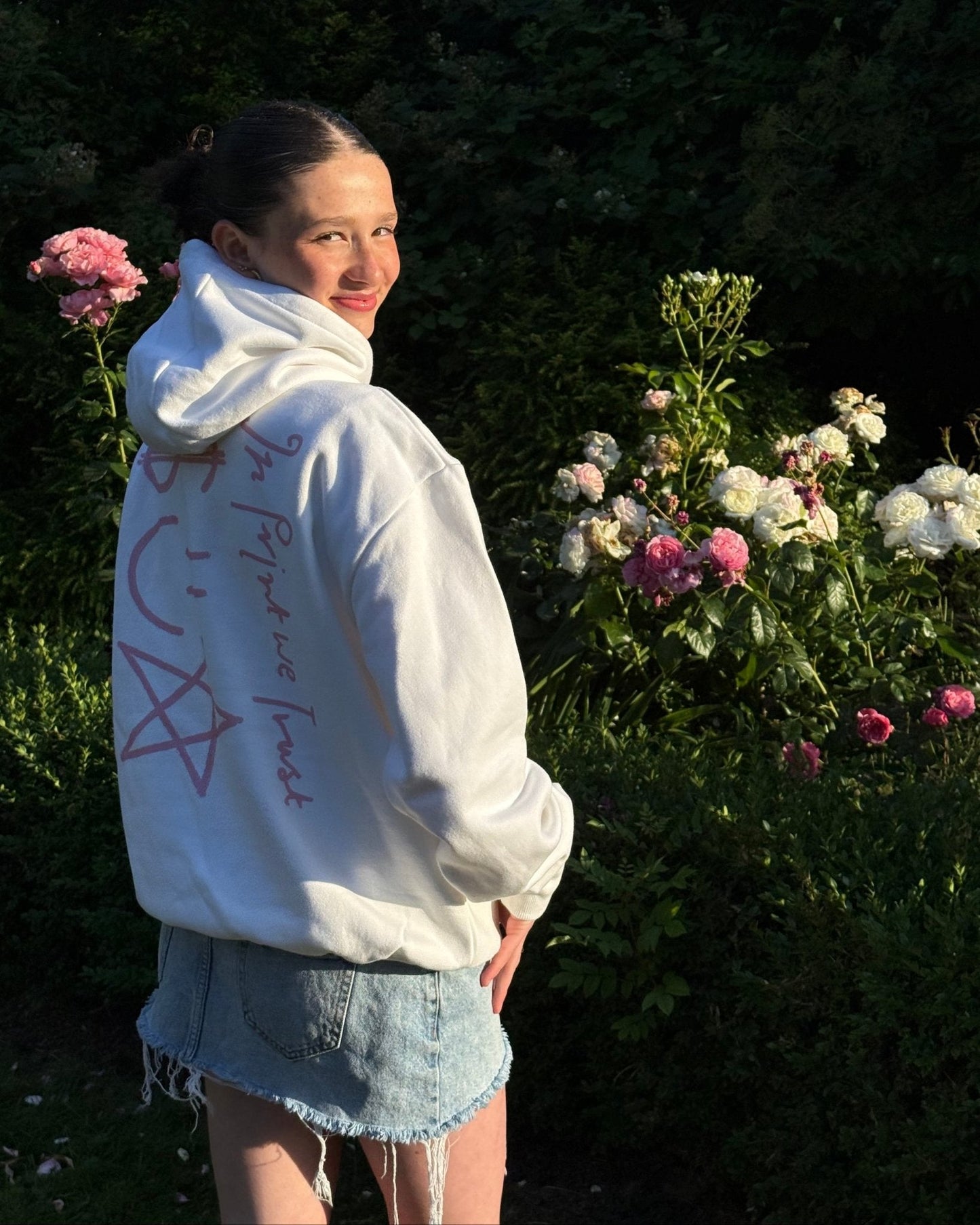 happy white hoodie