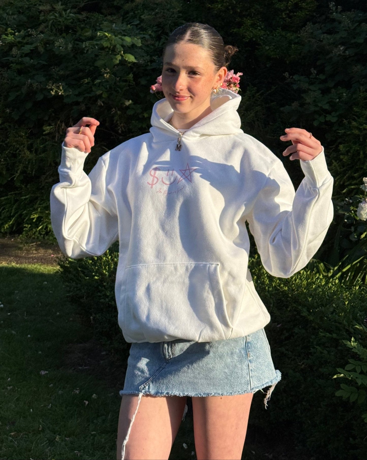 happy white hoodie