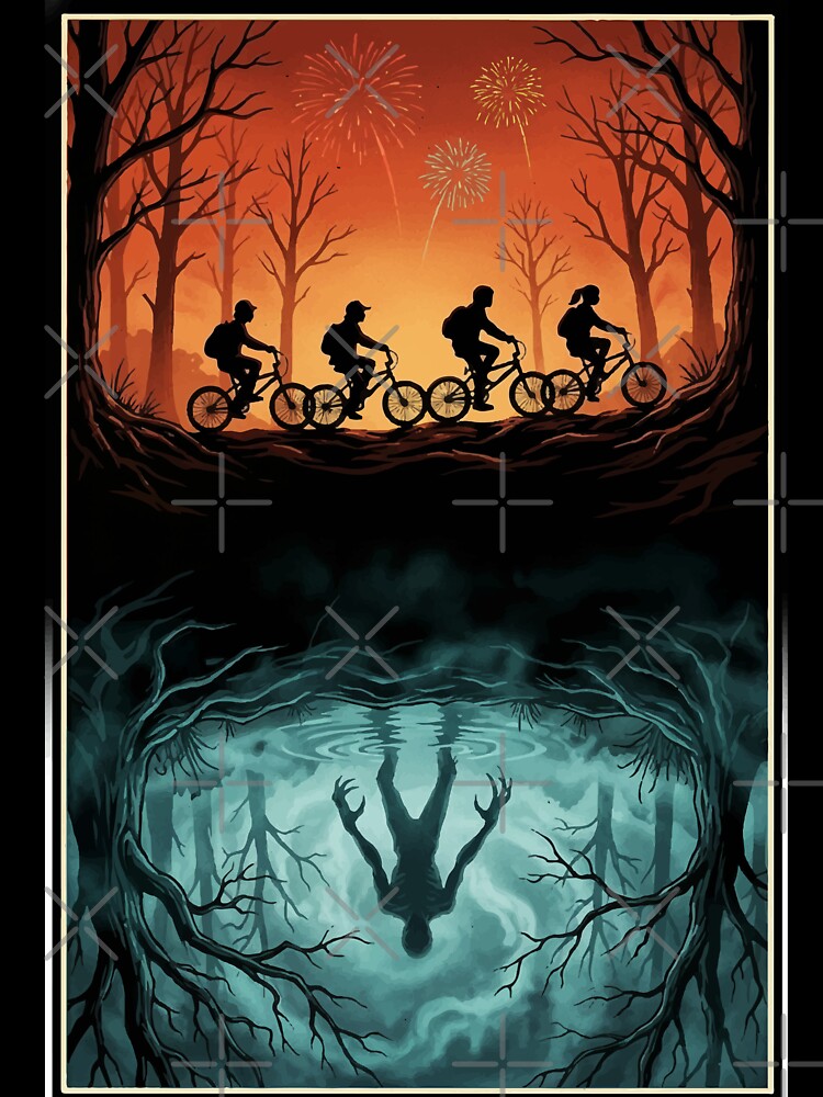 Retro Sci-Fi Forest Scene Kids on Bikes & Shadow Monster Reflection by RosetteArtists