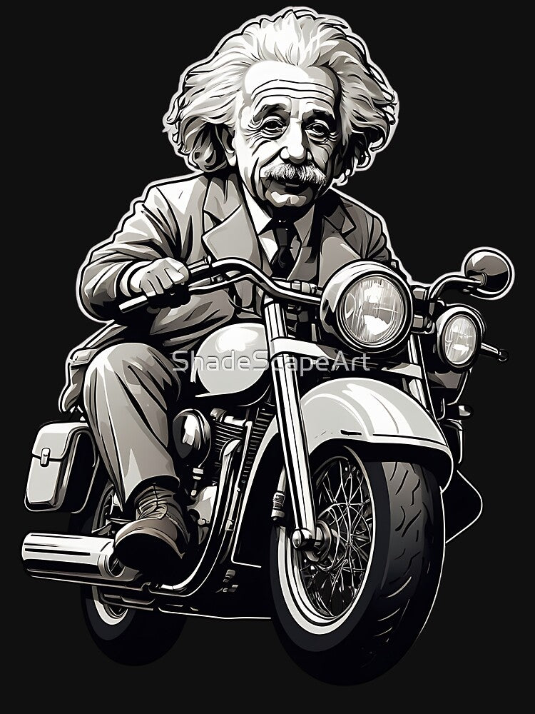 "Ride the Genius: Monochromatic Einstein on a Motorcycle Sticker" by ShadeScapeArt