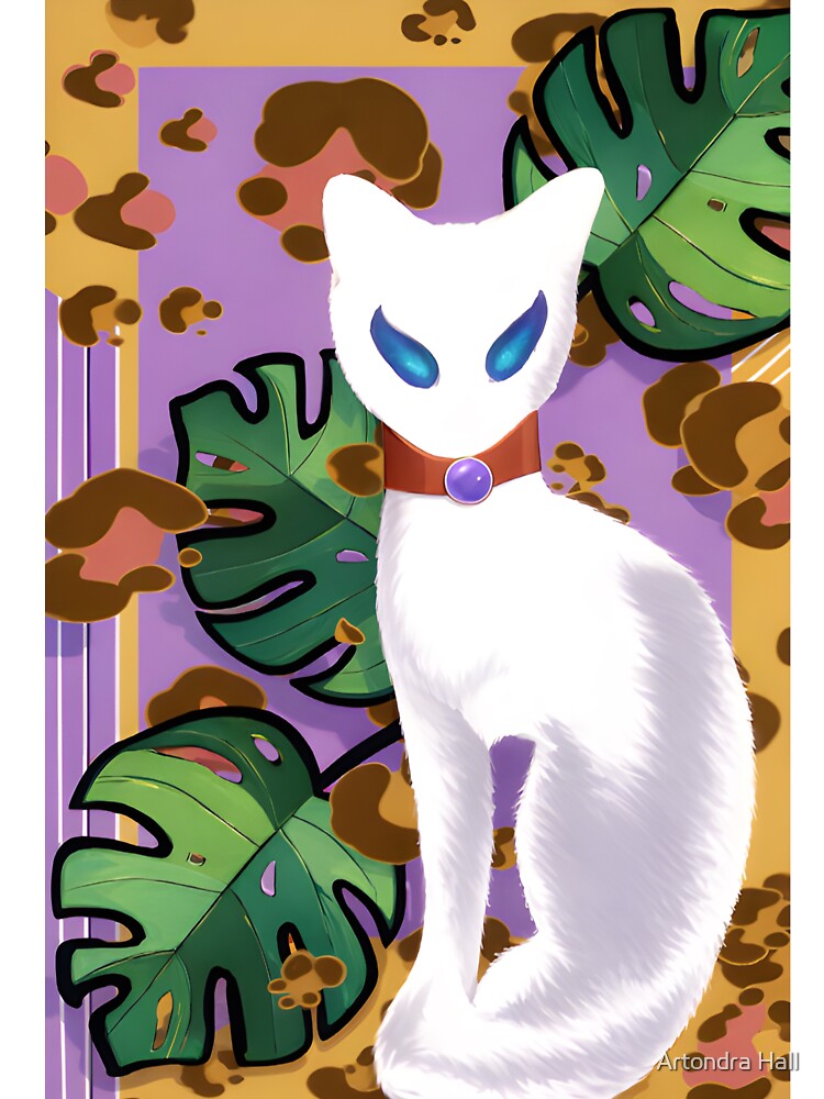 Mystic White Cat with Monstera Leaves by Artondra Hall