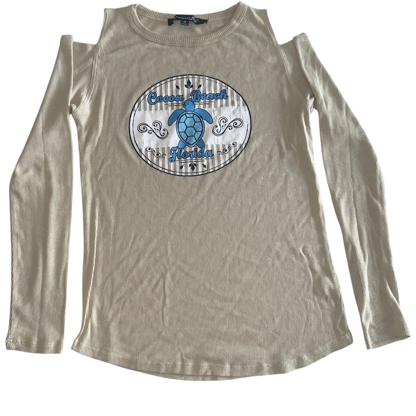 Miami Style M Long-Sleeve Cold-Shoulder Beige Cocoa Beach Florida Turtle Top