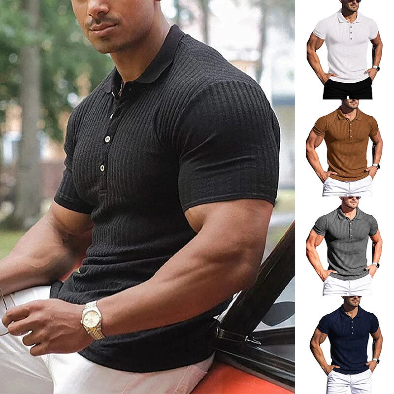 Men Summer Ribbed Muscle Stretch Slim Fit Short Sleeve Shirt Collar Casual Top