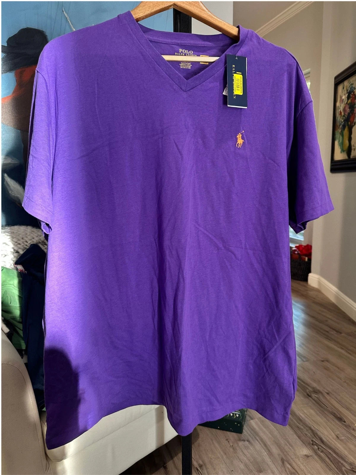 NWT POLO Ralph Lauren Purple V-Neck S/S Jersey T Shirt Orange Pony Logo Mens XL