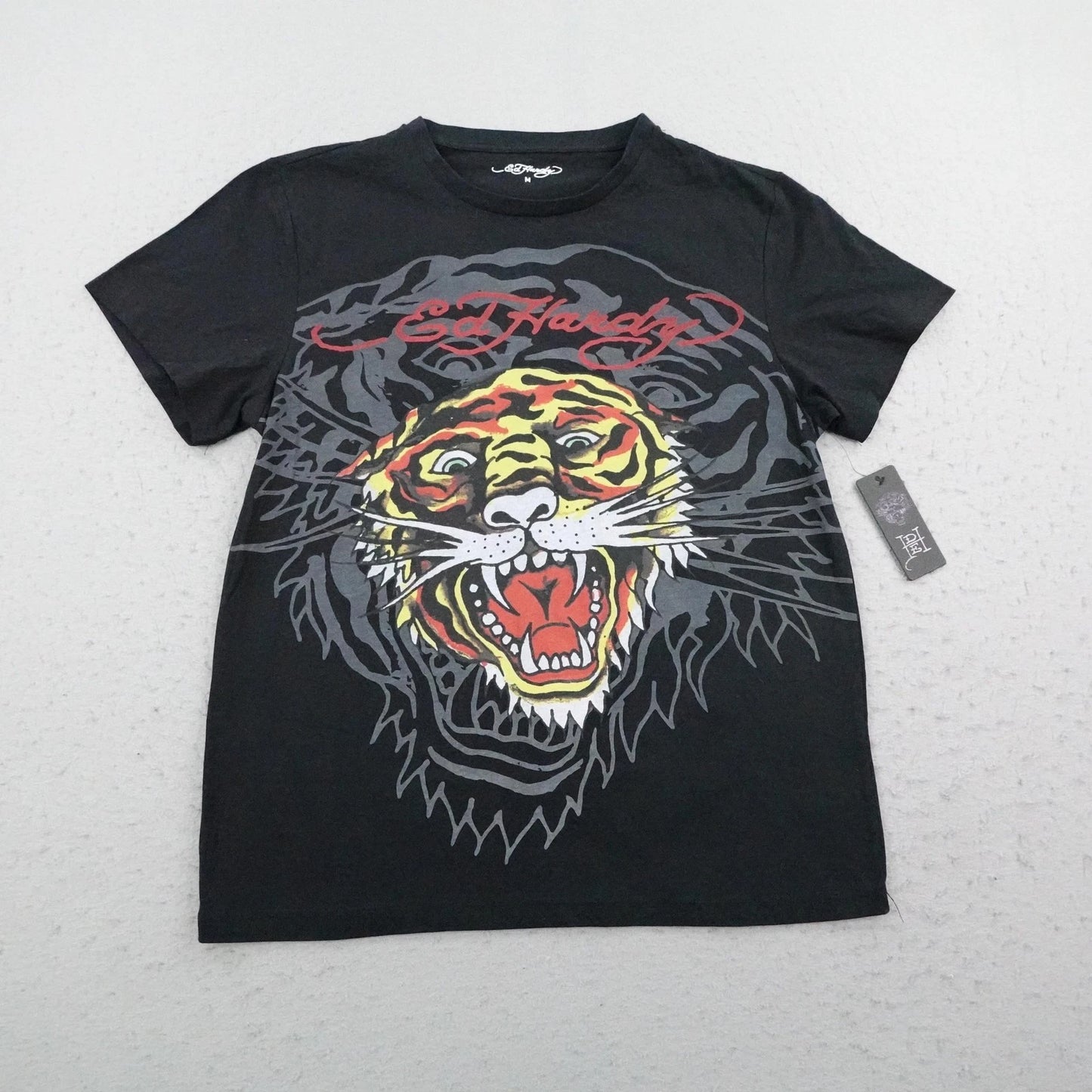 Ed Hardy Shirt Mens Medium Black Retro Tiger Head Crewneck Short Sleeve Y2K NEW