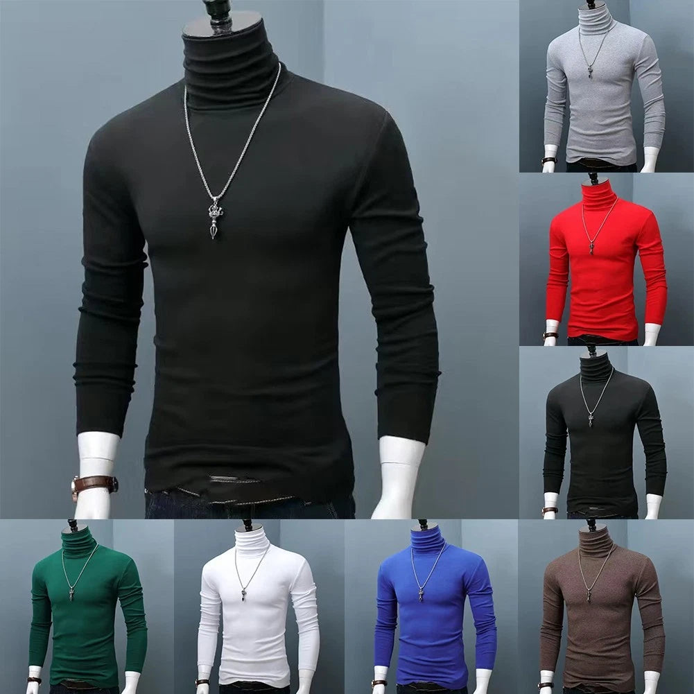 Men's High Collar Slim Fit Winter Top with Long Sleeves for Daily Wear
