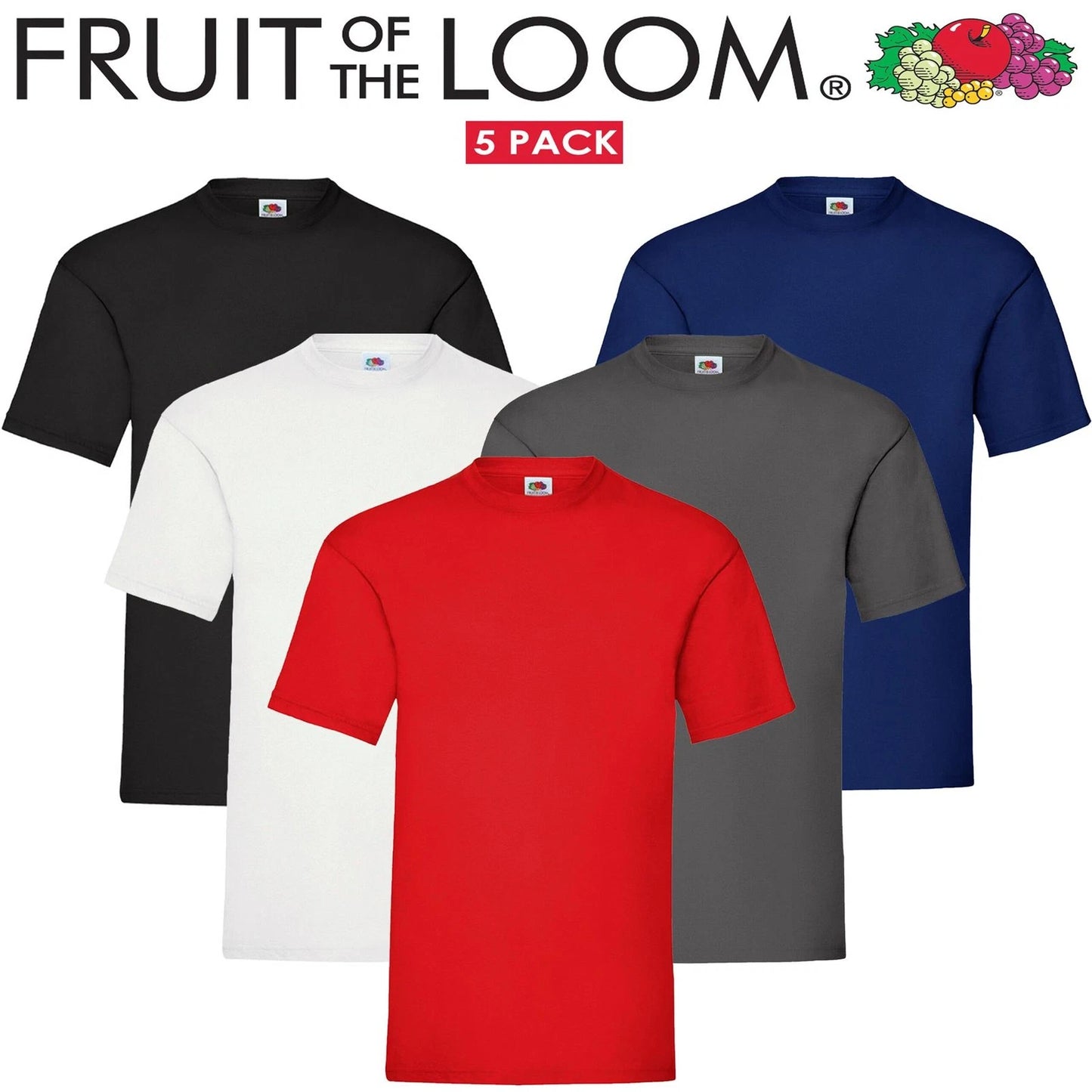 Fruit of the Loom Mens 5 Pack T-Shirts 100% Cotton Plain Solid Tee Shirt