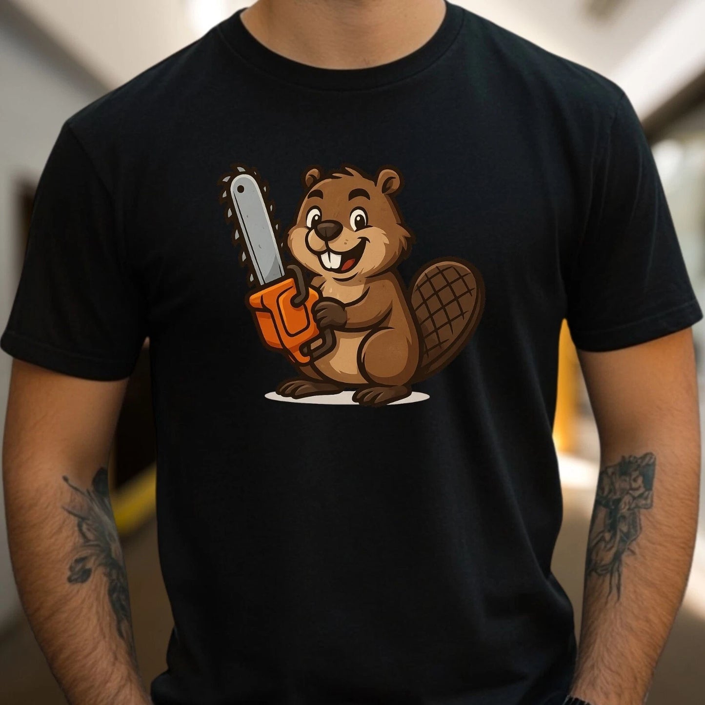 Mens Beaver Chainsaw Print Cotton T-Shirt Size S to 5XL