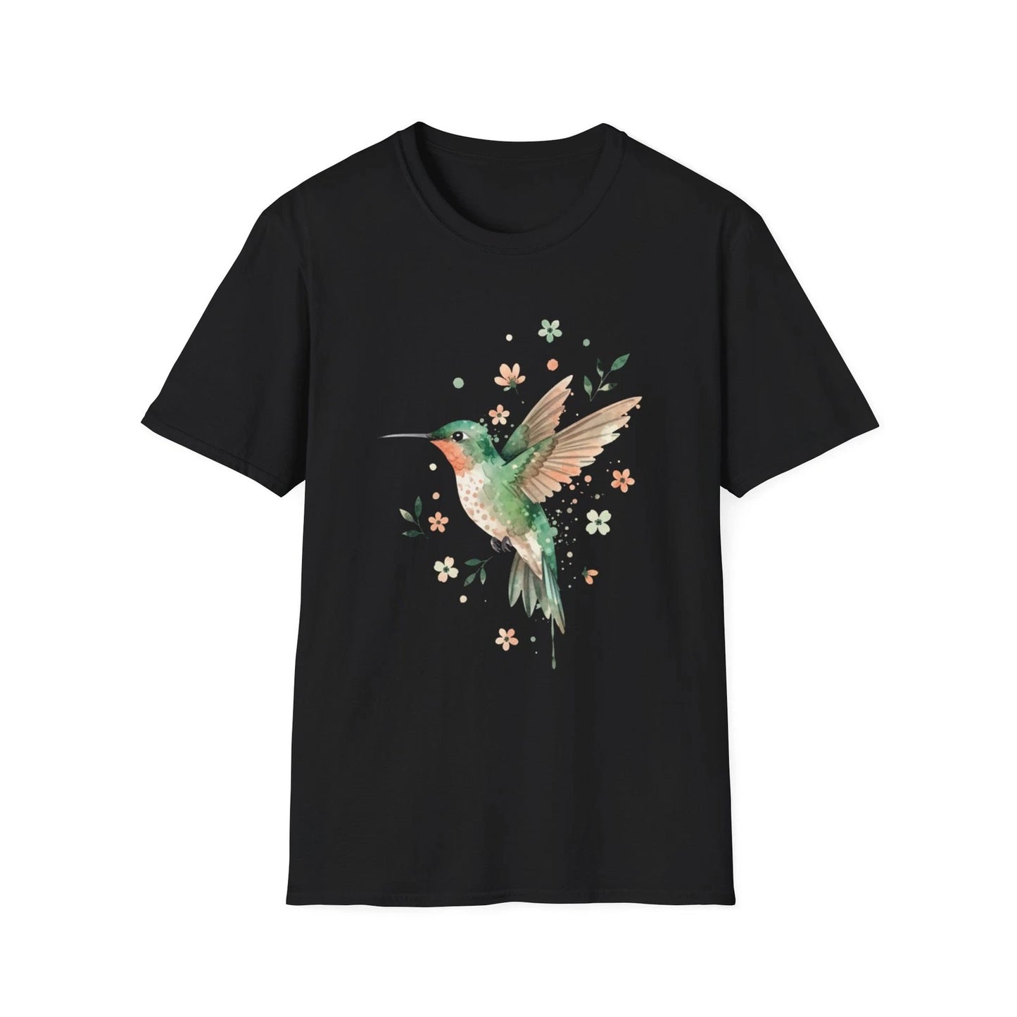Hummingbird Watercolor Floral Nature Black Tee Aesthetic Print T-Shirt