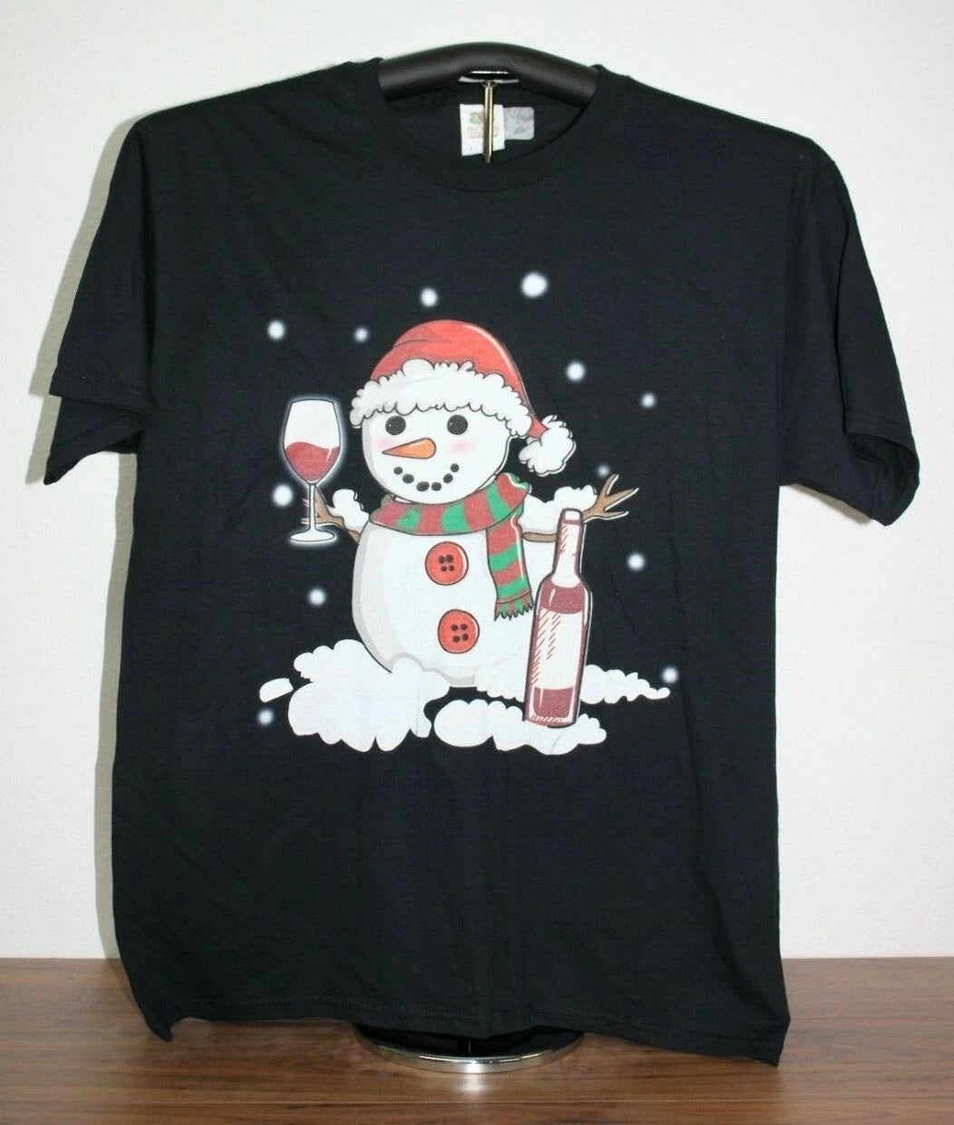 Snowman Drinking Wine T-Shirt Large, Black