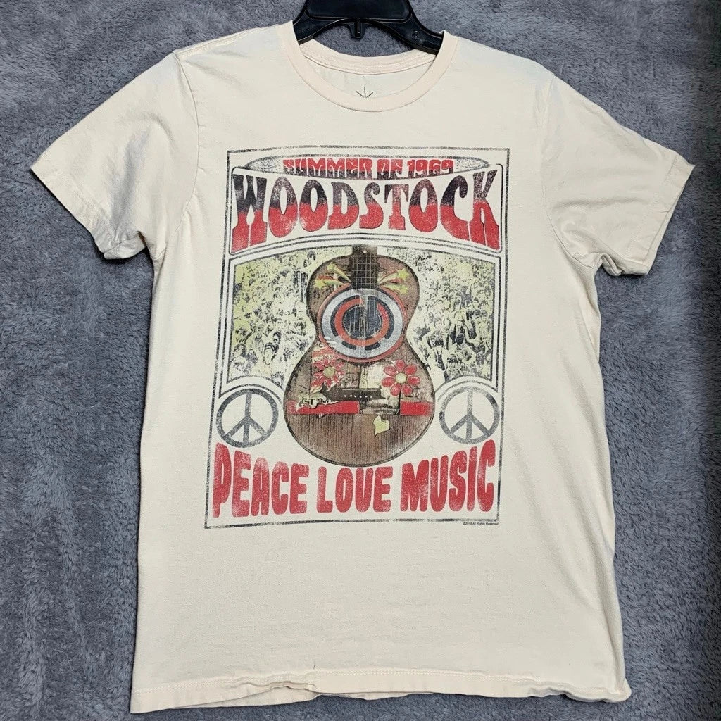 Life Clothing Co Woodstock Graphic T-Shirt Mens Medium Cream Peace Love Music