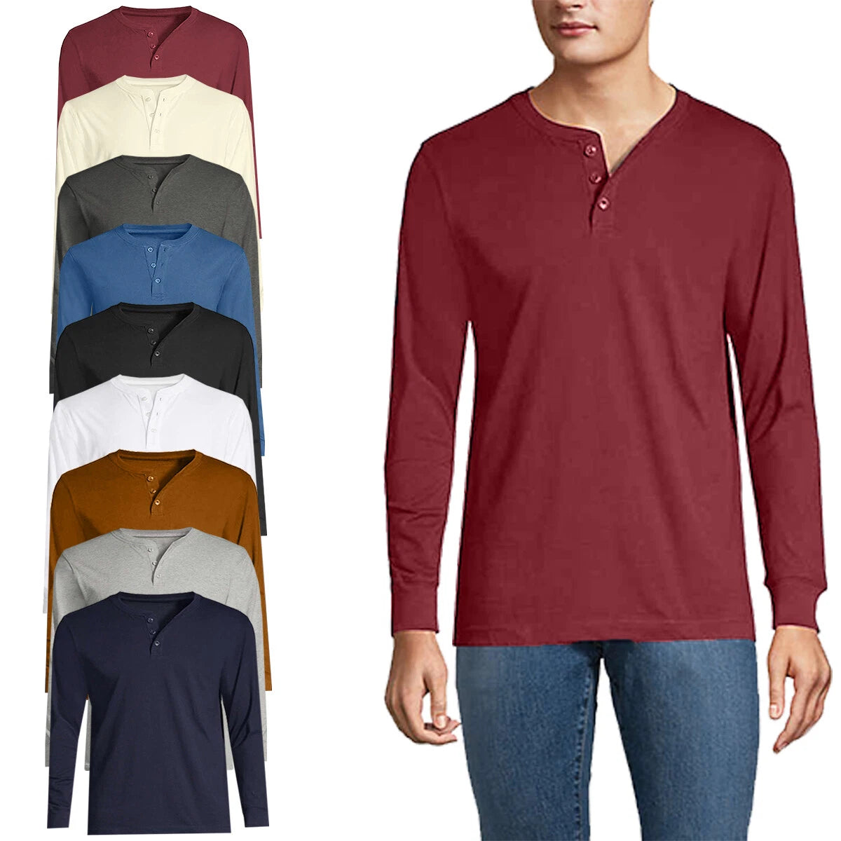 Mens Long Sleeve T-shirt Grandad Buttons Neck Plain Cuff Casual Hanley Top M-3XL