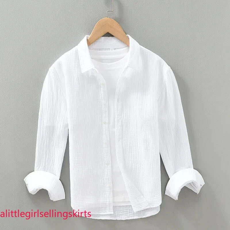 Men's Casual Crinkled Double Gauze Long Sleeve Shirt for Men Cotton Yarn Soft