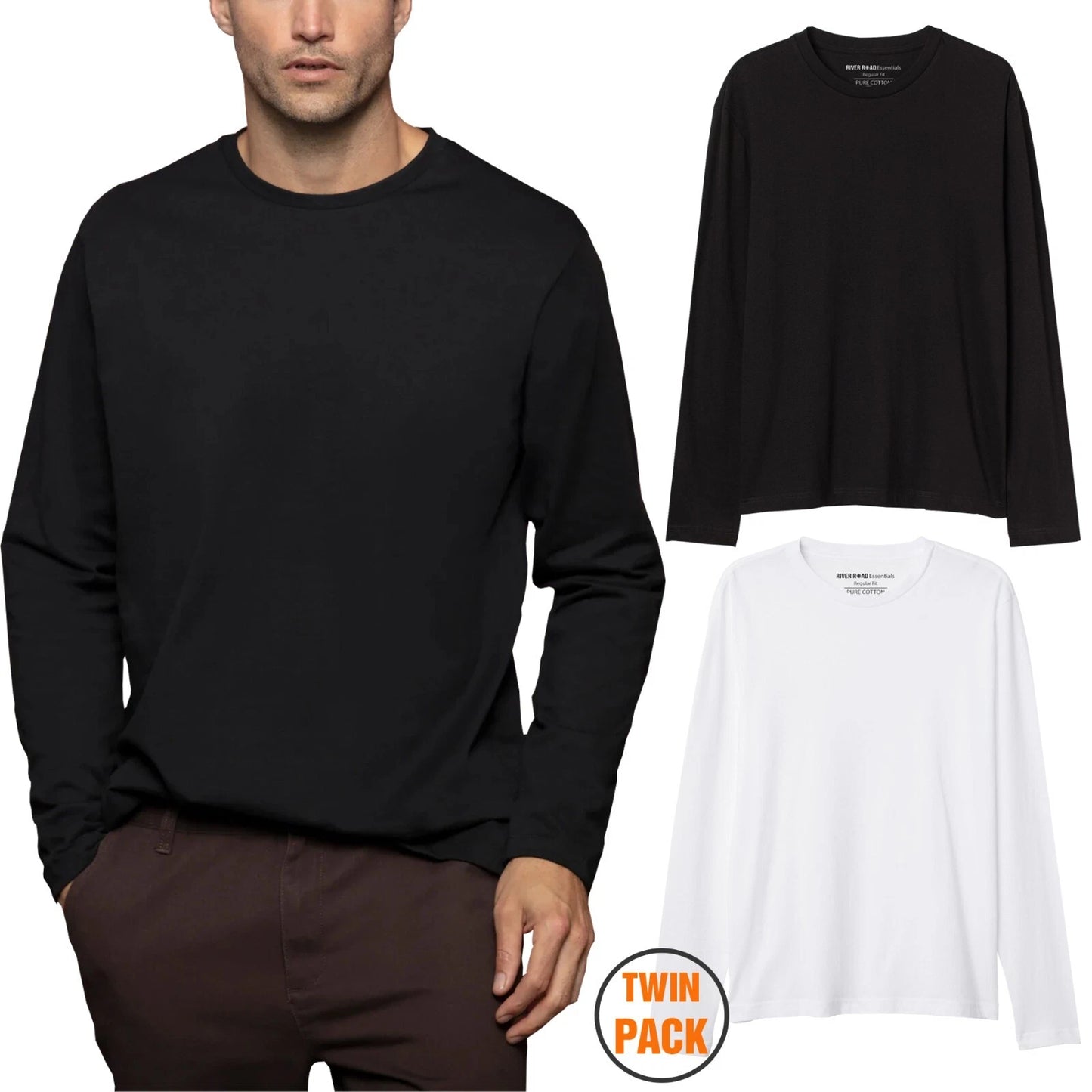 River Road Mens T-Shirt Long Sleeve 2 Pack Crew-Neck 100% Cotton Multipack Tops